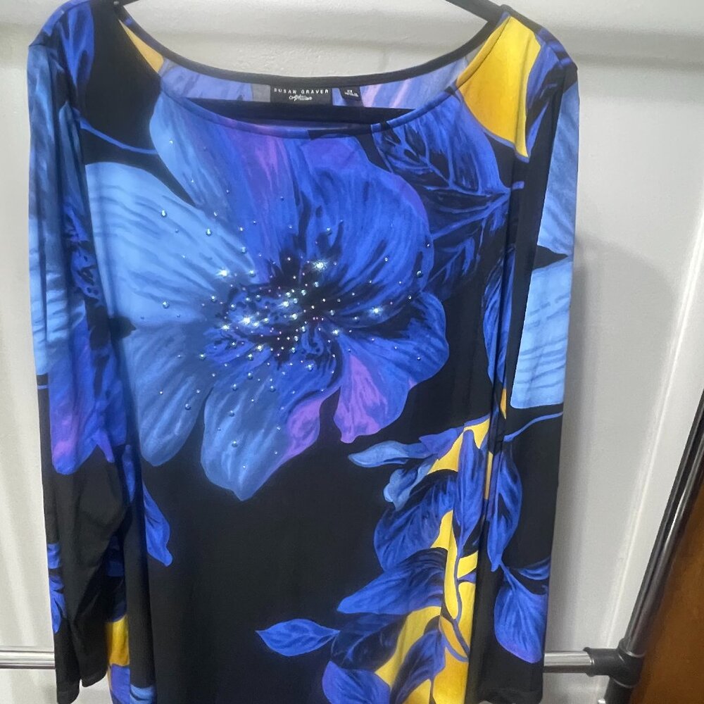 Susan Graver 2X Gorgeous Blue Floral Long Sleeve Women's Top